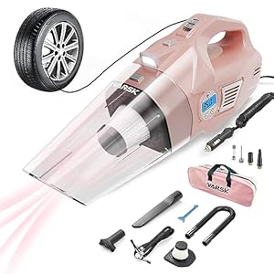 VARSK 4-in-1 Car Vacuum Cleaner High Power, Presents for Her Women Girls Mom, Pink Handheld Car Vacuum Portable Tire Inflator with Digital Tire Pressure Gauge LCD Display and Light, 12V DC, 15FT Cord