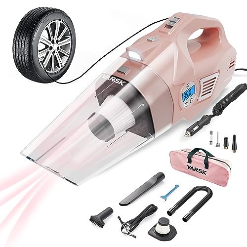 VARSK 4-in-1 Car Vacuum Cleaner High Power, Presents for Her Women Girls Mom, Pink Handheld Car Vacuum Portable Tire Inflator with Digital Tire Pressure Gauge LCD Display and Light, 12V DC, 15FT Cord