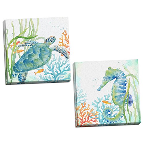 Roaring Brook Lovely Watercolor-Style Tropical Seahorse and Turtle Underwater Set by Cynthia Coulter; Coastal DÃ©cor; Two 16x16in Hand-Stretched Canvases