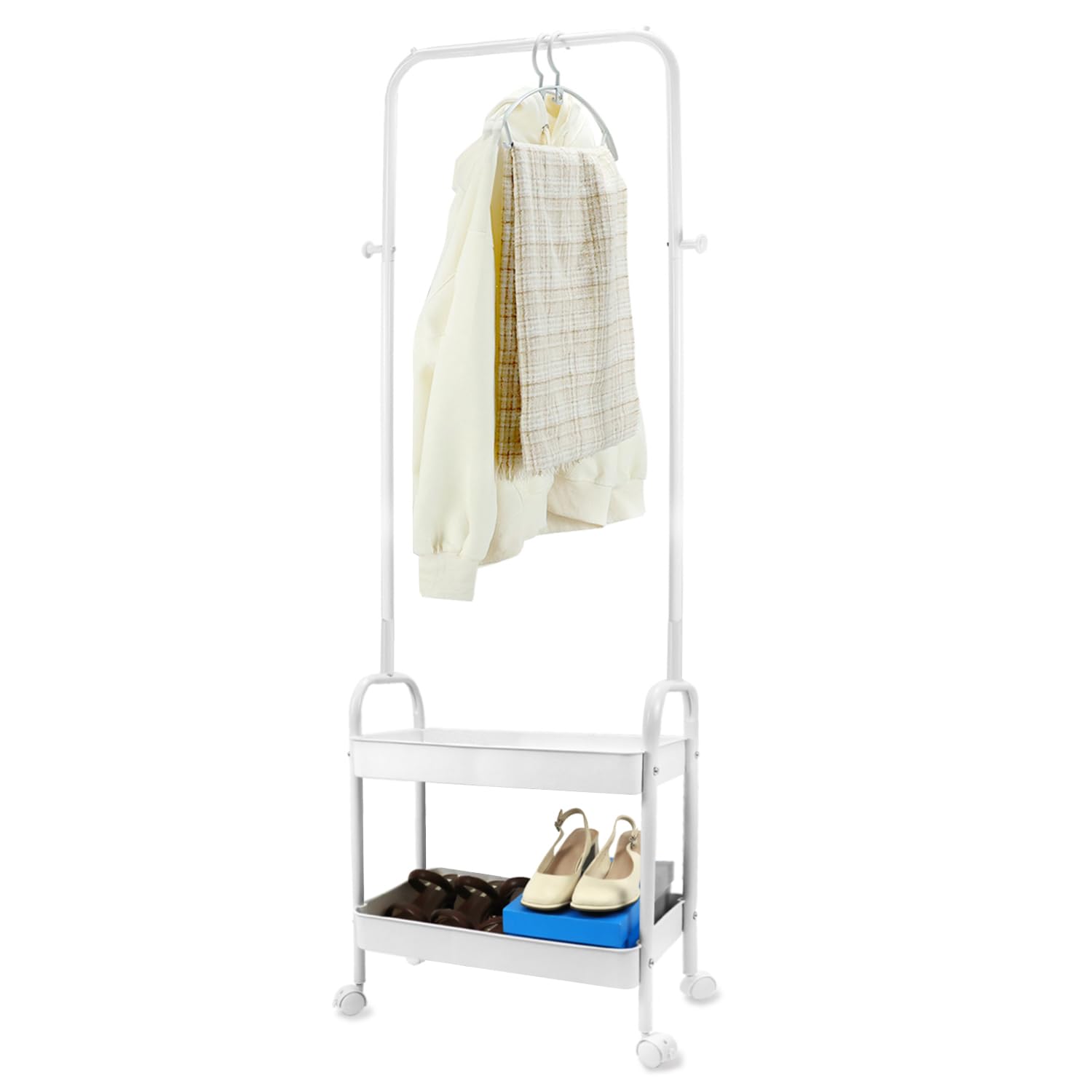 QWORK® Heavy Duty Metal Clothes Rack on Wheels, Garment Rack Storage Trolley with 2 Tier Storage Shelf, White