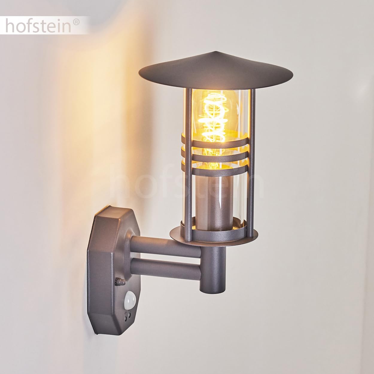 Zewnętrzna lampa ścienna Forli, lampa ścienna z czujnikiem ruchu wykonana z metalu/szkła w kolorze antracytowym/przezroczystym, lampa ścienna z kloszem wykonanym ze szkła/patio, E27, bez żarówki, IP44