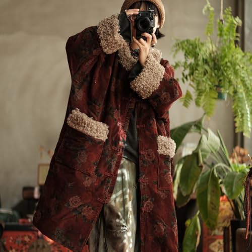 NFYM Women's Warm Parka Flower Print Quilted Long Jacket Faux Shearling Lamb Wool Trim Corduroy Winter Jacket3