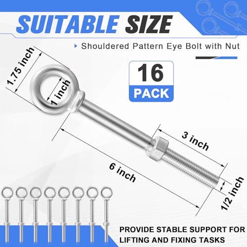 Image of LEIFIDE 16 Pack 1 /2 inch X 6 inch Shouldered Pattern Eye Bolts with Nuts, Hot Dip Galvanized, Industrial, Heavy Duty for Lifting, Anchoring, Hanging, Construction, and DIY Projects