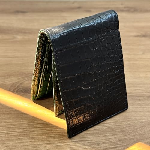 Image of HATA Black Green Bifold Leather Wallet for Men, Exotic Double-Sided Leather Wallet with RFID Blocking & ID Window Credit Card Holder, Handmade Gift for Birthday, Anniversary, Father's Day HDV1272