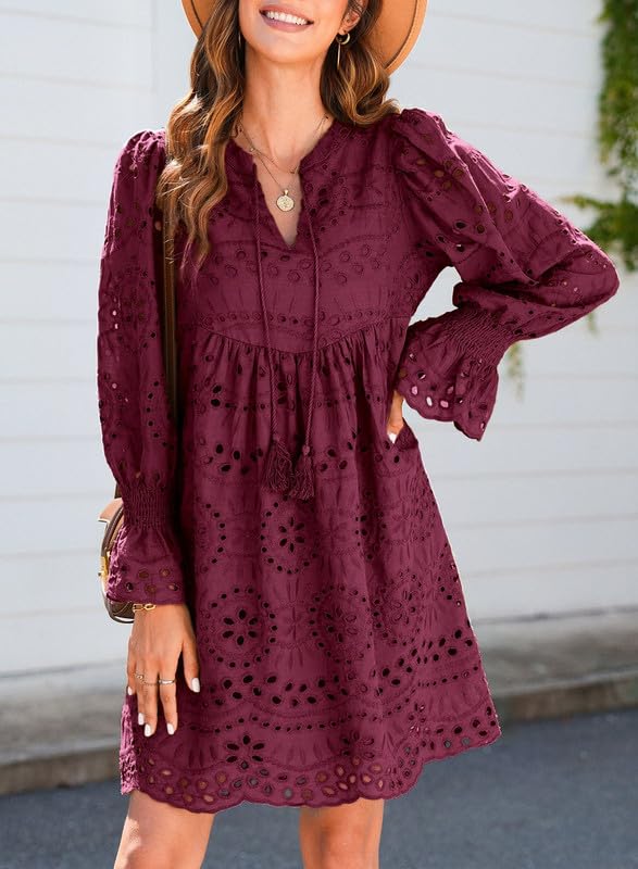 Image of Dokotoo Womens 2026 Boho Dress Tassel V Neck Long Sleeve A Line Casual Hollow Out Lace Ruffle Party Dresses