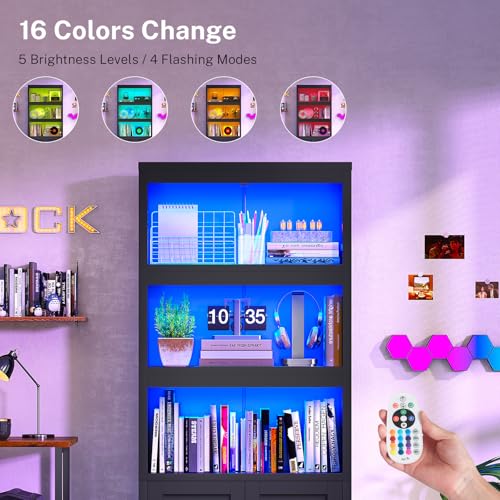 Image of Book Shelf and Bookcase with Doors, Remote Control LED Lights, 5-Tier Display Storage Cabinet with Adjustable Shelves, Open Compartments, Tall cabinet for Bathroom Kitchen Living Room, Home Office