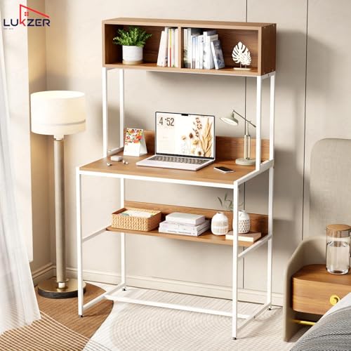 Image of Lukzer Study Table with Open Bookshelf | Engineered Wood with Metal Frame Desk | Modern & Space Saving Computer Workstation with Hutch for Home & Office (MST-010 /White & Oak Brown /143x83x50 cm)