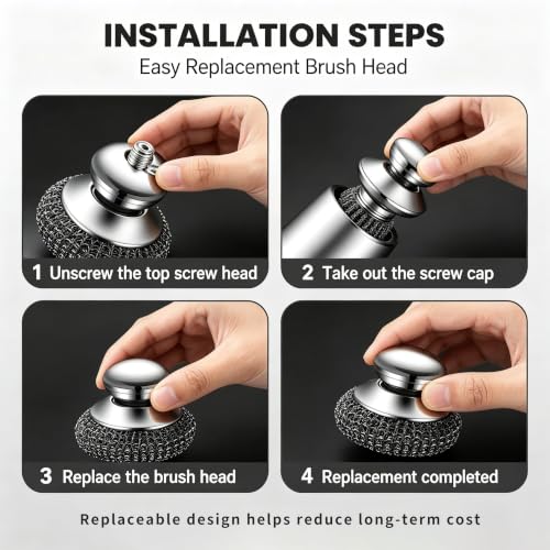 Image of Steel Wool Scrubber with Stainless Steel Handle for Cast Iron(3pcs) | Scouring Scrubber, For Pots and Pans, Grill and Stove Use, Sink Cleaning, 1 Piece