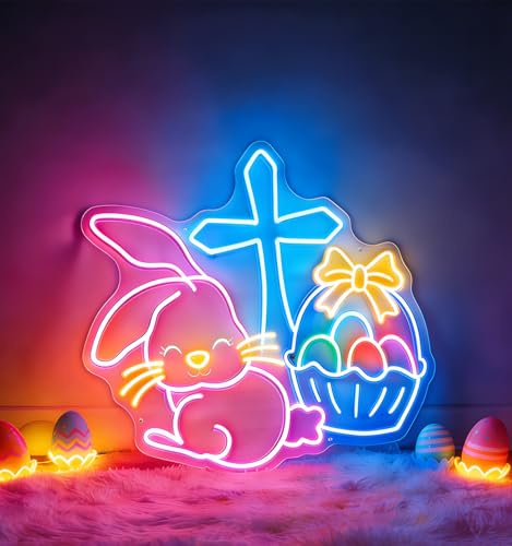 Easter Bunny Cross Neon Signs for Wall Decorations, LED Easter