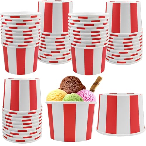 EaciTown 50 Pcs Red White Striped Ice Cream Cups Disposable Paper Snack Bowls 9oz Circus Carnival Paper Dessert Containers For Hot Or Cold Soup Yogurt Christmas Food Containers