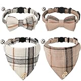 Weewooday 4 Pieces Bow Tie Cat Collar Bandana, Breakaway Pet Tie Bandana with Classic Plaid Adjustable Cat Collar with Scarf and Bowtie Bell for Girl Boy Pet Kitten Cat Puppy Small Dog