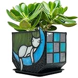 Entlityful Tiffany Stained Glass Funny Moon Sleeping Cat Planter,Flower Pots for...
