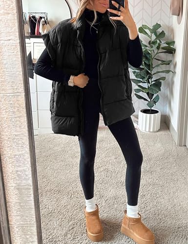 Women's Winter Crop Puffer Vest Lightweight Warm Flysleeve Stand Collar Padded Puffy Jackets Coats with Pockets3