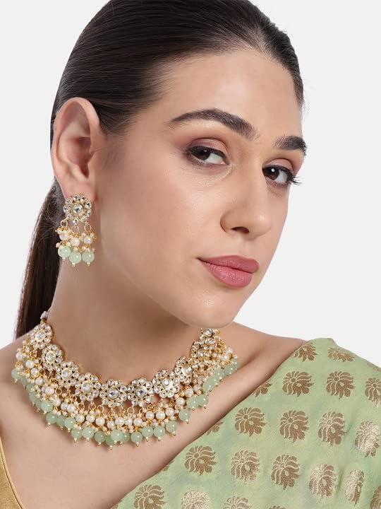 I Jewels Gold Plated Indian Wedding Bollywood Kundan & Pearl Studded Choker Necklace JewelleySet For Women (K7213) - Image 3