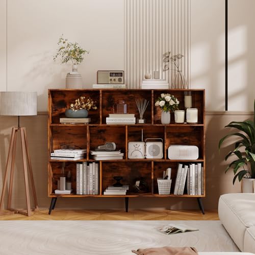GarveeHome Wooden 3-Tier Open Shelf Bookcase, 10 Cubes Bookshelf, Freestanding Book Shelf Storage Organizer with 5 Iron Legs for Home Office, Living Room, Bedroom, Brown