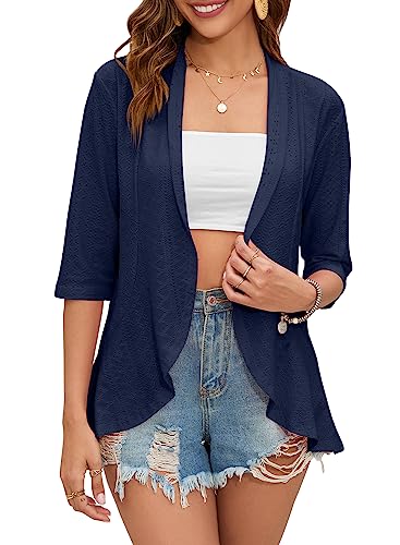 Women's Casual Lightweight Open Front Cardigans Ruffles 3/4 Sleeve Cardigan Soft Draped Cover Up