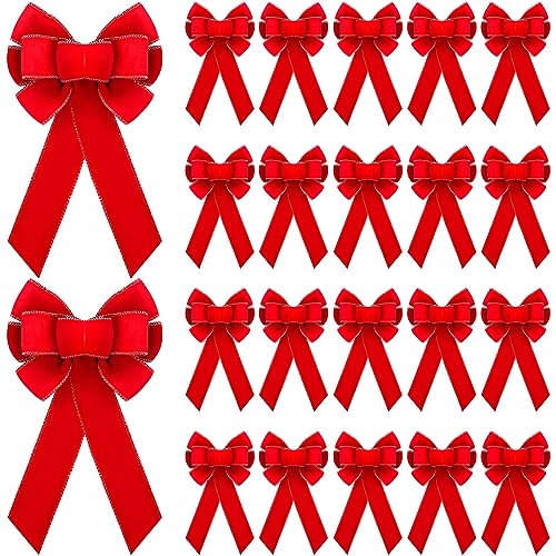 Lenwen 24 Pcs Large Christmas Bows 6x12 Inch Velvet Christmas Wreath Bows for Xmas Tree Wreath Front Door Gifts Wrapping Outdoor Holiday Party Decoration (Red)