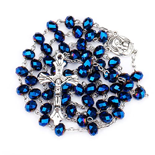 Collar católico de cuentas de cristal azul púrpura con cruz de Jerusalén para mujer Talla única azul