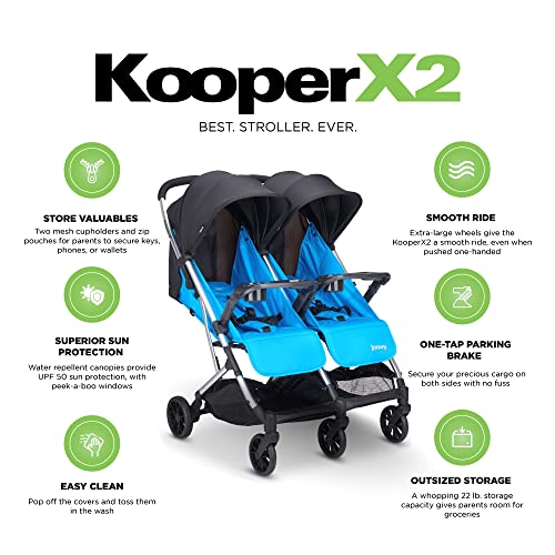 Image of Joovy Kooper X2 Double Stroller, Lightweight Travel Stroller, Compact Fold with Tray, Glacier