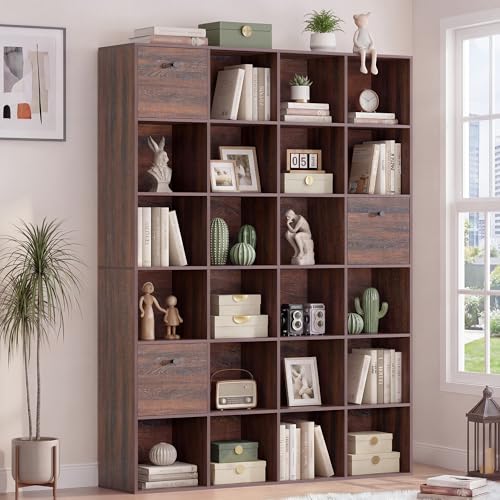 24 Cube Storage Rack, Walnut Wood Bookshelf with 3 Fabric Drawers, Freestanding Bookcase for Library, Office, 6-Tier Display Shelf for Living Room, Entryway Organizer Open Book Shelf, Brown Color