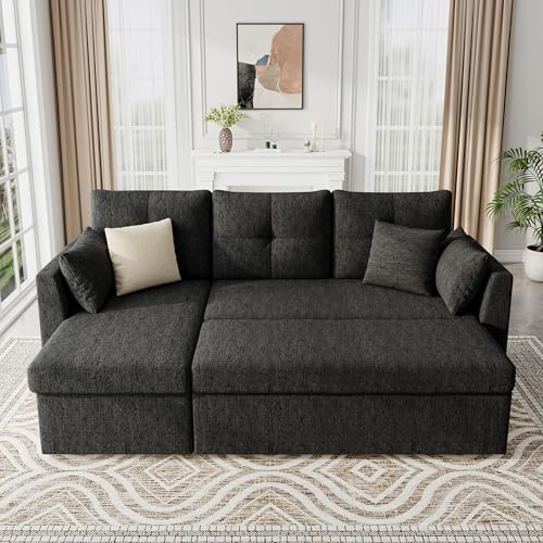Image of Huatean Home Sleeper Couch Sofa, Sectional Sleeper Sofa Bed with Side Pocket for Living Room, 2 in 1 Pullout Couch Bed with Storage Chaise, Black