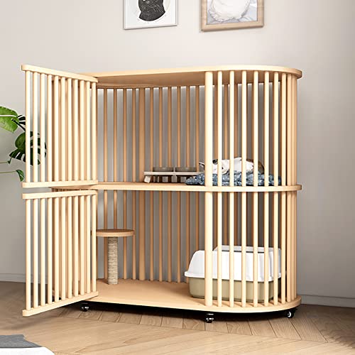 Casa grande de madera para gatos - Jaulas para gatos interiores con plataforma de sisal para rascar, condominios para gatos con puerta y ruedas, recintos para gatos y otras mascotas pequeñas,