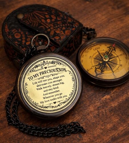 Brújula de bolsillo de latón grabada con estuche de cuero miniatura 3
