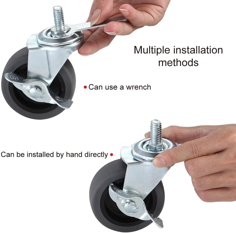 WHARSTM Caster Wheels, 3" Locking Swivel Casters, 1/2"-13 x 1" (Screw Diameter 1/2", Screw Length 1") Threaded Stem Casters, Casters with No Noise Set of 4 Castors, Caster Wheels with Brake Pack of 4