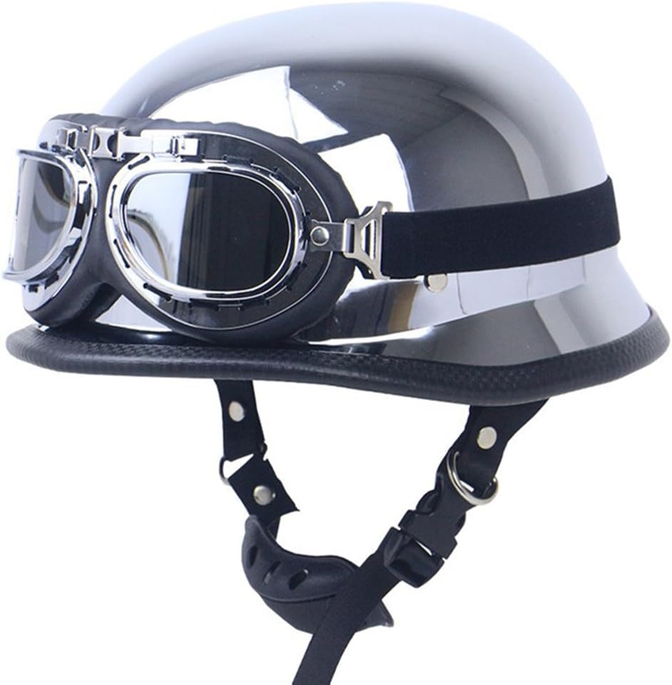 Mirror Silver Chrome Helmet Half Shell Retro Motorcycle German Style Helmet with Pilot Goggles, Men Women Open Face Lightweight Bicycle Half Helmet for Chopper Moped Scooter DOT Approved
