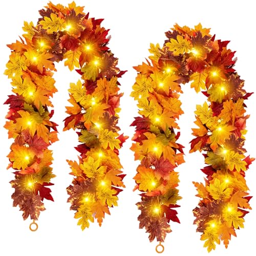 Image of Fall Maple Leaf Garland with Yellow Lights, 2PCS Thanksgiving Artificial Hanging Fall Leave Vines with 20 LED, Yellow Floral Garlands Halloween Autumn Decor for Home Wedding Party (11.8FT)