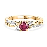 TJC Ruby Solitaire Ring for Women 925 Sterling Silver 18K Yellow Gold Plated, Princess Style African Ruby & Moissanite Crossover Ring, July Birthstone Engagement Promise Gold Ring Size L