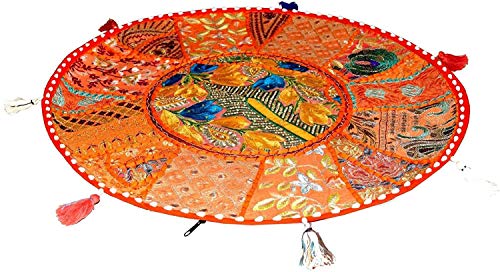 Sophia Art Round Floor Pillow Cushion Patchwork Pouf Ottoman Vintage Indian Foot Stool Bean Bag Floor Pillow Cover Home Decor Living Room Ottoman Bohemain Pillows (Orange, 22 Inch)