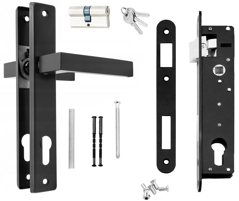 QRS - Drückergarnitur Gartentor - Gartentor Schloss - Komplettset Türdrückerpaar für Außeneinsatz, Einsteckschloss, Messingzylinder - aus verzinktem Stahl, Pulverbeschichtet Schwarz Matt RAL 9005