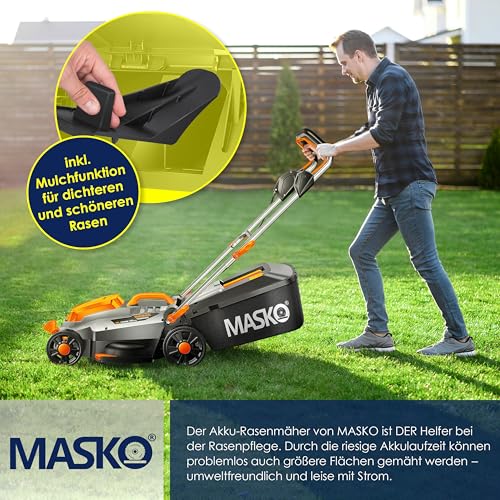 MASKO® Akku Rasenmäher mit Mulchfunktion, Akku Li-Ion Batterie 4Ah & Ladegerät Rasentrimmer 33cm Schnitt-Breite 5X Höhenverstellbar 30L Fangkorb Flächen bis 150m² inkl. Handschuhe & Bürste 5