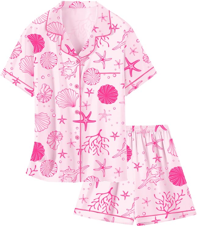 Image of Schbbbta Girls Womens Pajamas, Satin Silky Pjs Set Kids 2Pcs Button-Down Nightwear Sleepwear Gift for Mommy and me