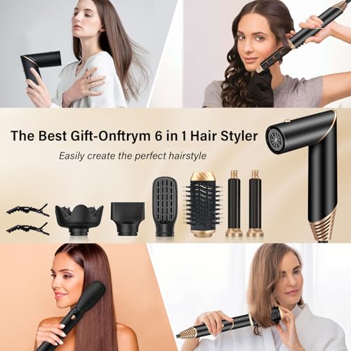 Onftrym 6 in 1 Airstyler Hairstyler Set,1000W Ionen Föhn,Professioneller warmluftbürste Rotierend,Airflow Lockenstab Automatisch,Haarglätter Bürste für Trocken,Zum Styling,Volumisieren,Locken,Glätten