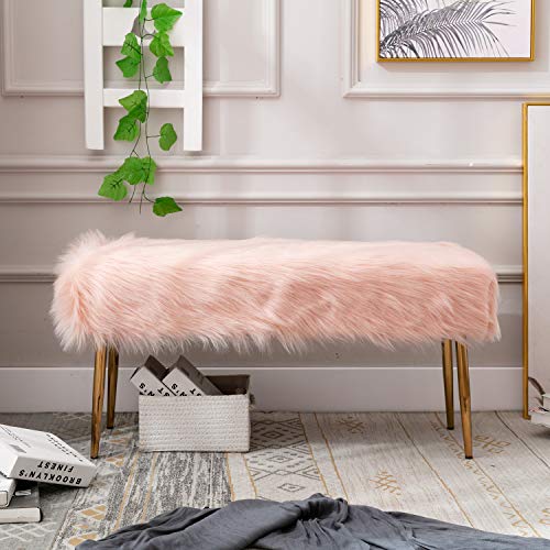 Faux Fur Vanity Bench Entryway Bench Furry Long Hair Pink Ottoman DM Furniture Fuzzy Bench with Metal Legs for Living Room, Bedroom, Dining Room, Home Decorative, Pink