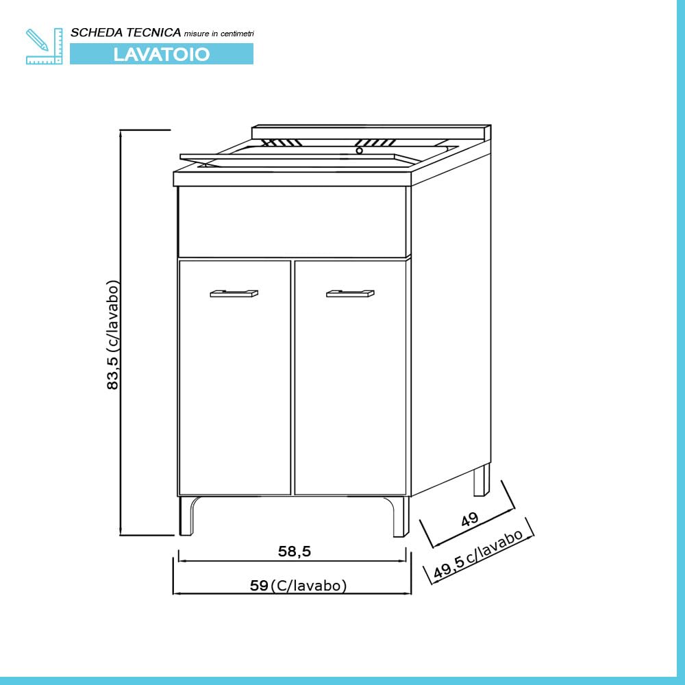 Mobile Lavatoio 60X50 Cm Con Vasca In Resina Bianca, Asse Lavapanni, Struttura In Legno Nobilitato Rovere Con Un’Anta Apribile Mediante Maniglia Cromata, Già Montato Con Kit Di Scarico Incluso