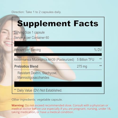 Image of UpNourish Probiotics for GLP-1 Support, 5 Billion TFU Akkermansia Muciniphila for Digestive Health, Leaky Gut, Immunity and Metabolic Health, Prebiotics and Probiotics for Women and Men, 60 Capsules