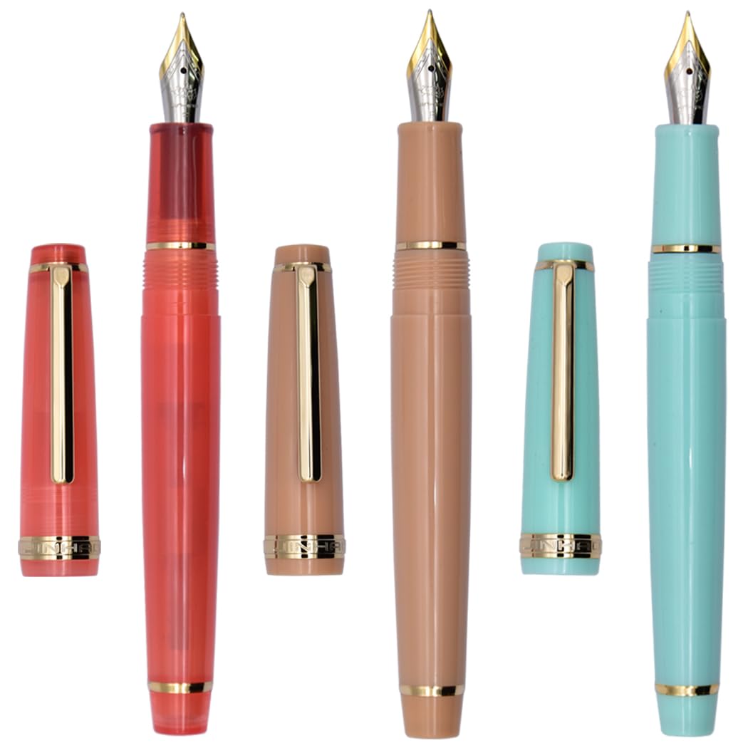 Ranvi 3 Jinhao 82 Fountain Pen Blue,Pink,Brown Acrylic Fine Nib Gold Trim with Converter Set