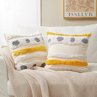 Topfinel Cushion Covers,Outdoor Home Garden Sofa Bed Boho Grey Yellow and Cream Canvas Cushions 40cm x 40cm,Tufted Pillow Case for Bedroom Livingroom 16x16 inches with Invisible Zipper Pack of 2