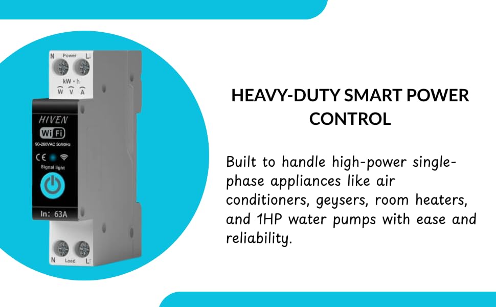 Image of Hiven | 63A Smart WiFi Switch for Heavy Duty Appliances | Overload Over /Under Voltage Protection | Single Phase