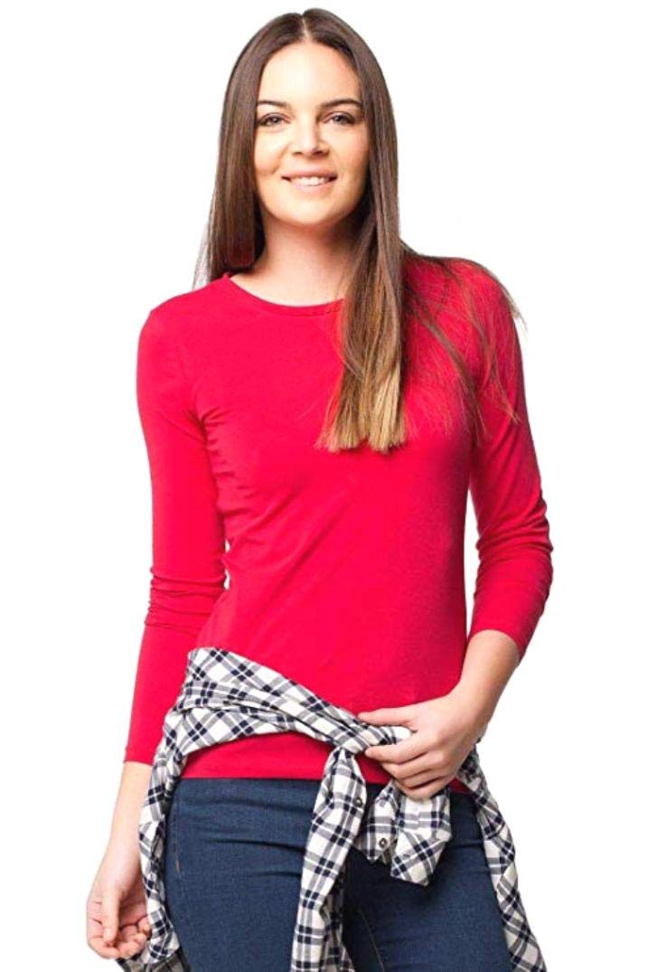 New Women's Round Neck Full-Sleeve Cotton Plain Tops- Attractive Colours (Medium UK12 (40), Red)
