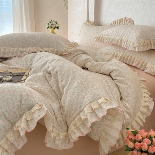 Image of VM VOUGEMARKET Ruffle Duvet Cover Set Twin,Vintage Garden Floral Duvet Cover with 2 Pillow Shams,Double-Layer Gauze Cotton Bedding Set,Comfy,Breathable & Lightweight for Girls-68 x86