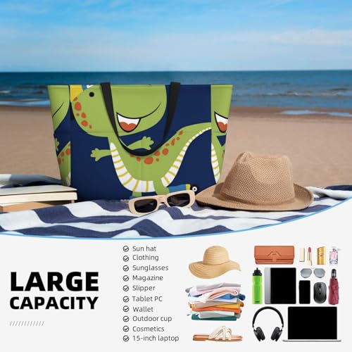 Dino Playing Roller Skate Print Beach Pool Bags Tote For Women Ladies Large Gym Tote Carry On Bag For Weekender Travel Waterproof4