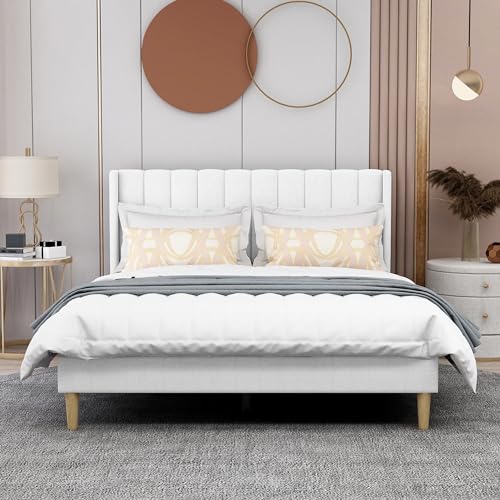 Image of AGARTT Upholstered Platform Bed Frame Queen Size, White Linen