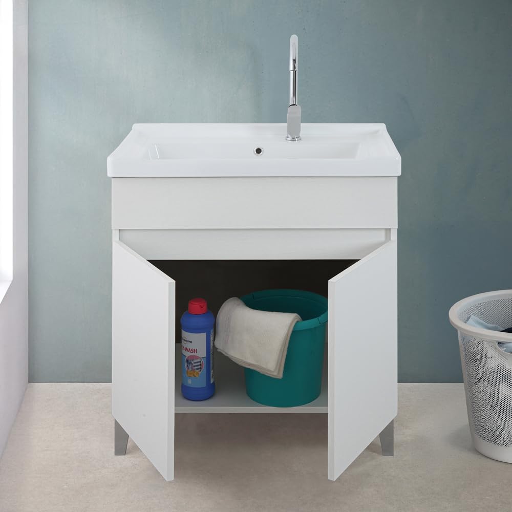 Mobile Lavatoio 79x46,8 Cm Bianco Frassinato Con Vasca In Ceramica Dotata Di Zona Strofinatoio, Struttura Già Montata In Legno Nobilitato Con 2 Ante Apribili A Gola