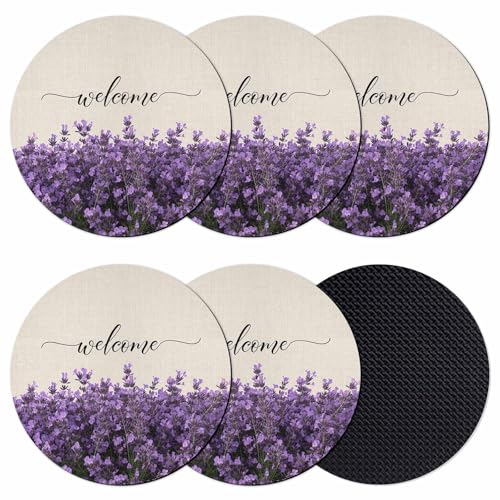 Coasters Set of 6, Spring Lavender Round Drink Coasters for Coffee Table Decor, Seasonal Blooms Botanicals Purple Flower Absorbent Cup Coaster for Housewarming Gift/Home Décor, 4 Inches