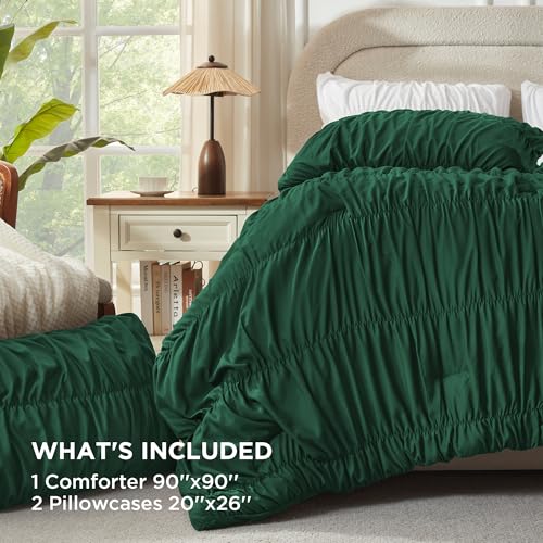Image of Andency Ruched Dark Emerald Green Queen Size Comforter Set, Shabby Chic Pleated Bedding Sets 3 Pieces, Lightweight Soft Boho Ruffle Bed Set for Girls, Kids, Women, All Season