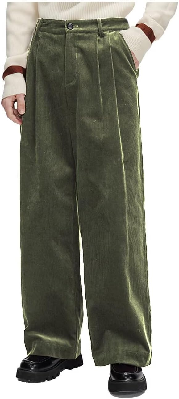 Men's Corduroy Pleated Front Dress Pants Vintage Loose Fit Old Money Business Casual Long Trousers